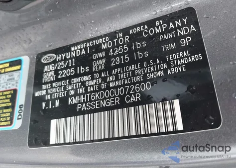 2012 Hyundai Genesis 2.0T z USA, uszkodzony, nr VIN KMHHT6KD0CU072600